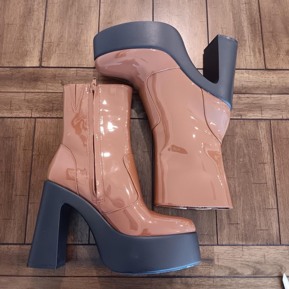 GB Gianni Bini Levi Tate Patent Platform Mid Boots Womens Sz 6 Caramel Brown NEW - Picture 1 of 6